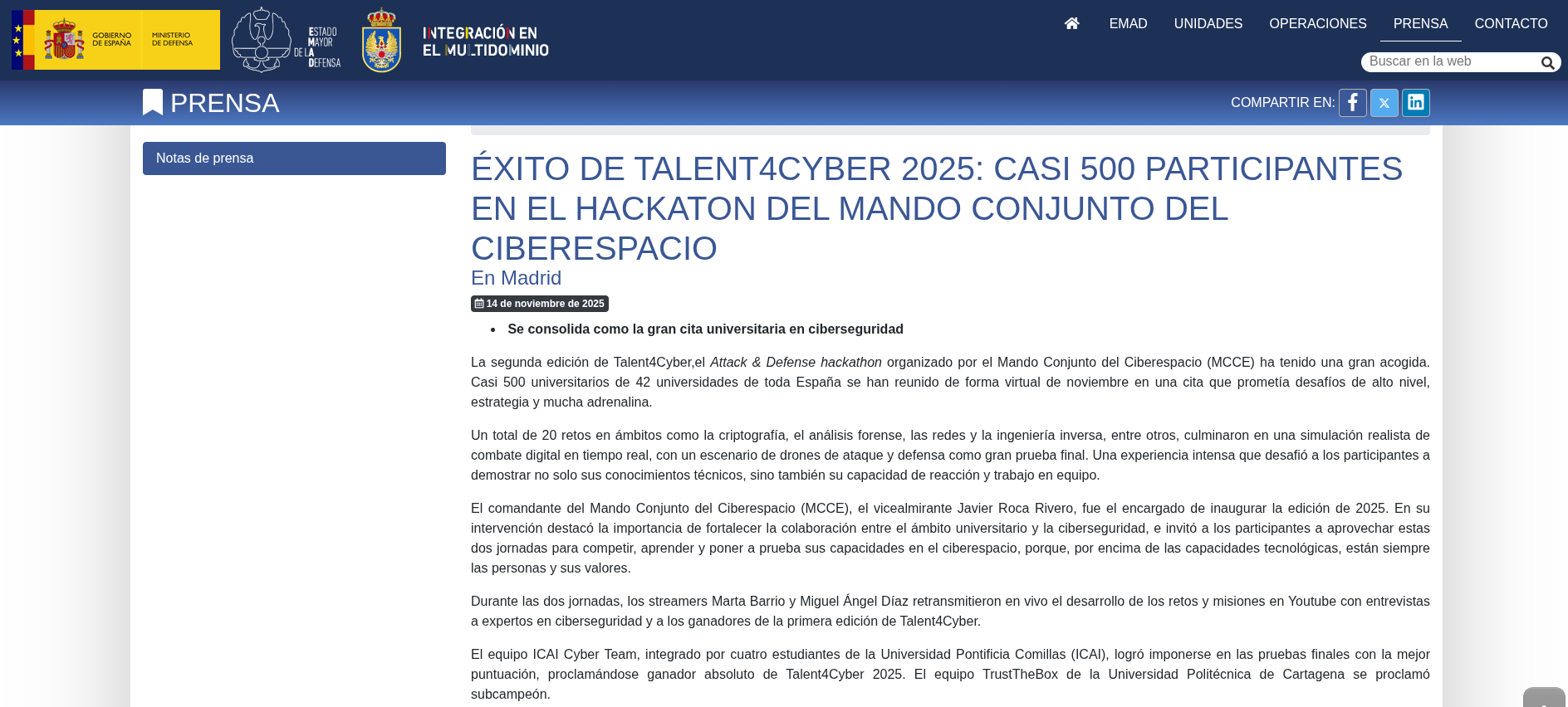 Noticia del Ministerio de Defensa sobre el segundo puesto en la hackathon